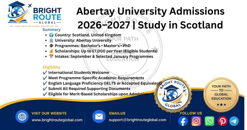 Abertay University campus for international students applying for 2026–2027 admissions.