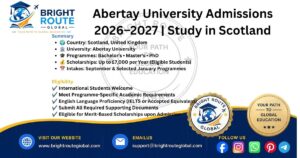 Abertay University campus for international students applying for 2026–2027 admissions.