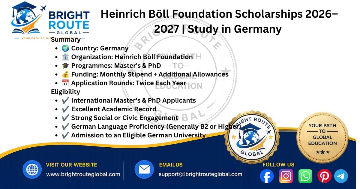 Heinrich Böll Foundation Scholarship for international Master's and PhD students studying in Germany.