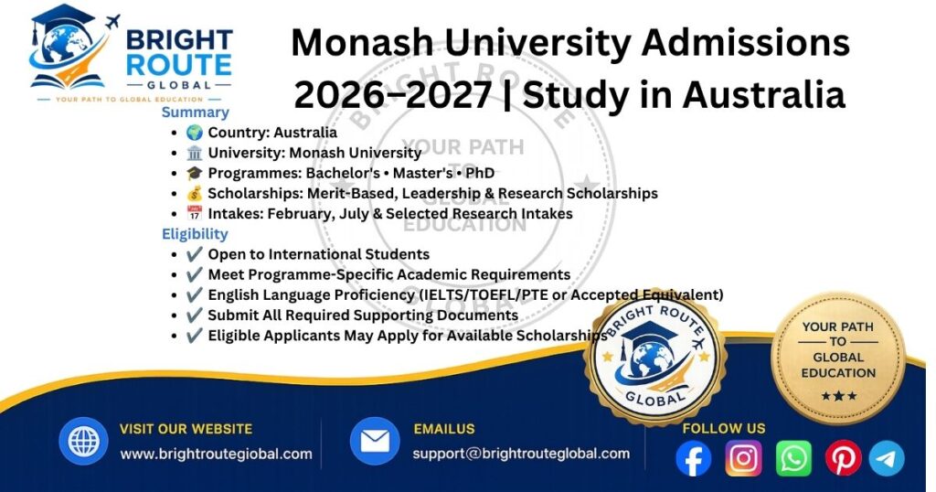 Monash University-Australia Admissions 2026–2027 Monash University campus for international students applying for 2026–2027 admissions.